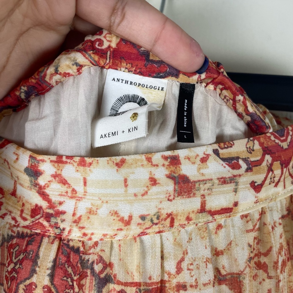 Anthropologie Akemi Kin Floral Maxi Skirt Red Beige Pleated Size L‎ - Picture 4 of 9